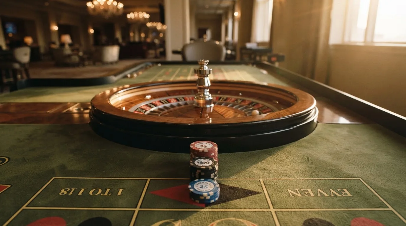 Roda de roleta e fichas sobre feltro verde, sob uma luz quente de fim de tarde — 1 euro casino em portugal