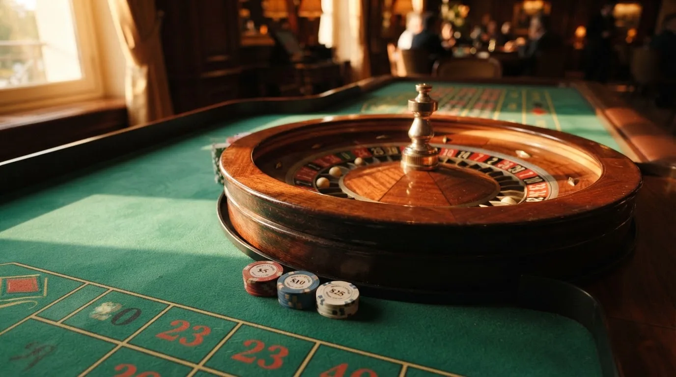 Roda de roleta e fichas sobre feltro verde, sob uma luz quente de fim de tarde — 10 euro casino em portugal
