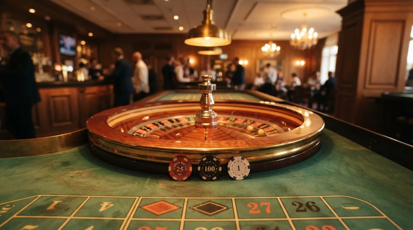 Roda de roleta e fichas sobre feltro verde, sob uma luz quente de fim de tarde — 20 euro casino em portugal