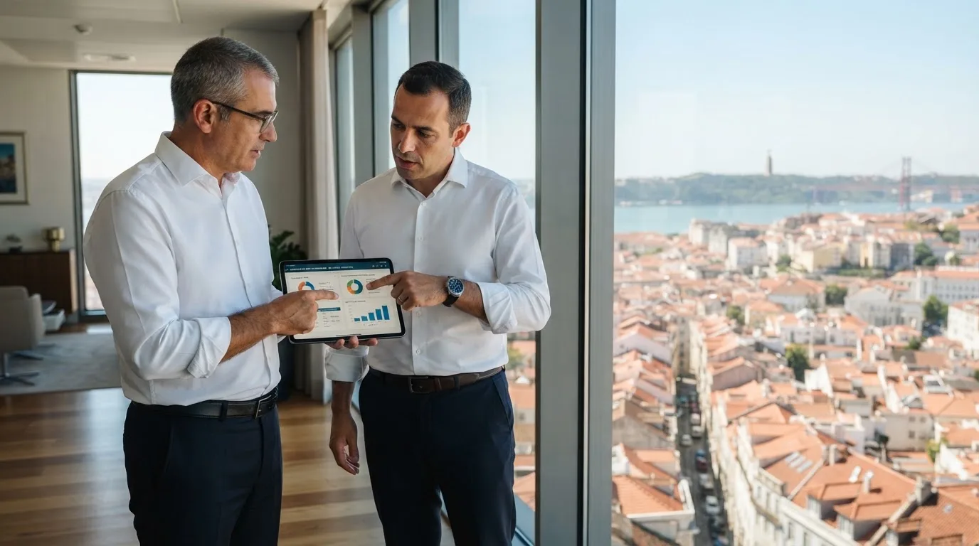 Duas pessoas de camisa a conversar junto a uma janela grande de um escritório público, com a cidade de Lisboa desfocada atrás.