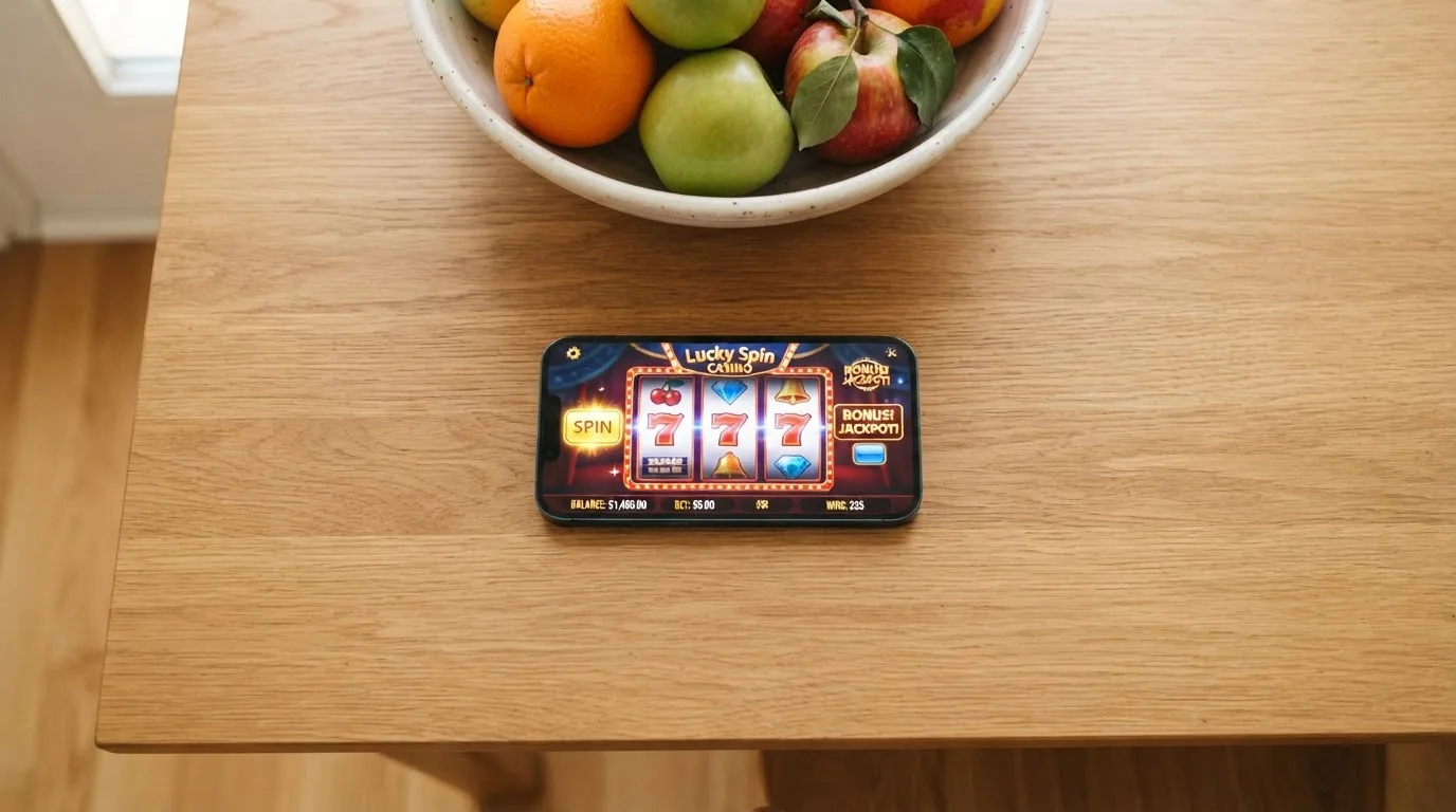 Jovem sentado numa mesa de cozinha a usar o telemóvel com as duas mãos, com uma tigela de fruta ao lado e luz da manhã.