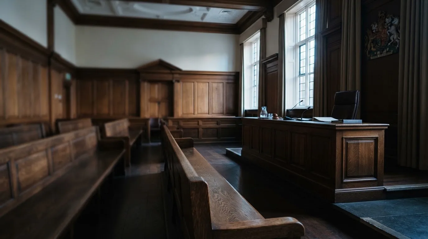 Sala de tribunal vazia com painéis de madeira, à luz da manhã — blackjack ao vivo em portugal