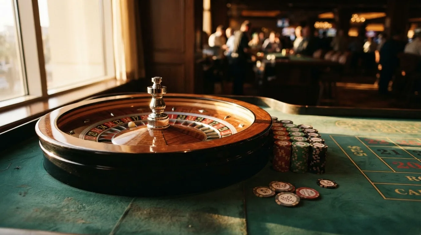 Roda de roleta e fichas sobre feltro verde, sob uma luz quente de fim de tarde — blackjack ao vivo em portugal