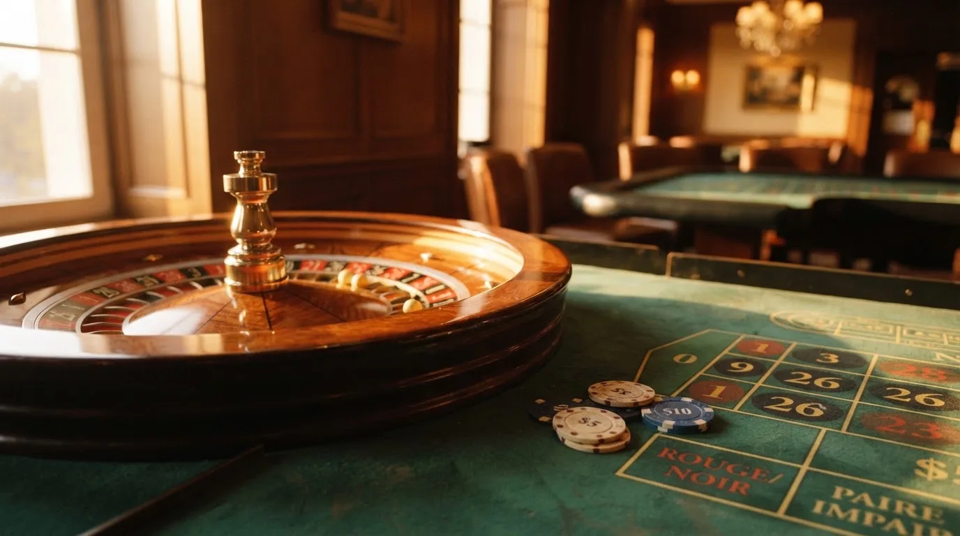 Roda de roleta e fichas sobre feltro verde, sob uma luz quente de fim de tarde — blackjack casinos em portugal