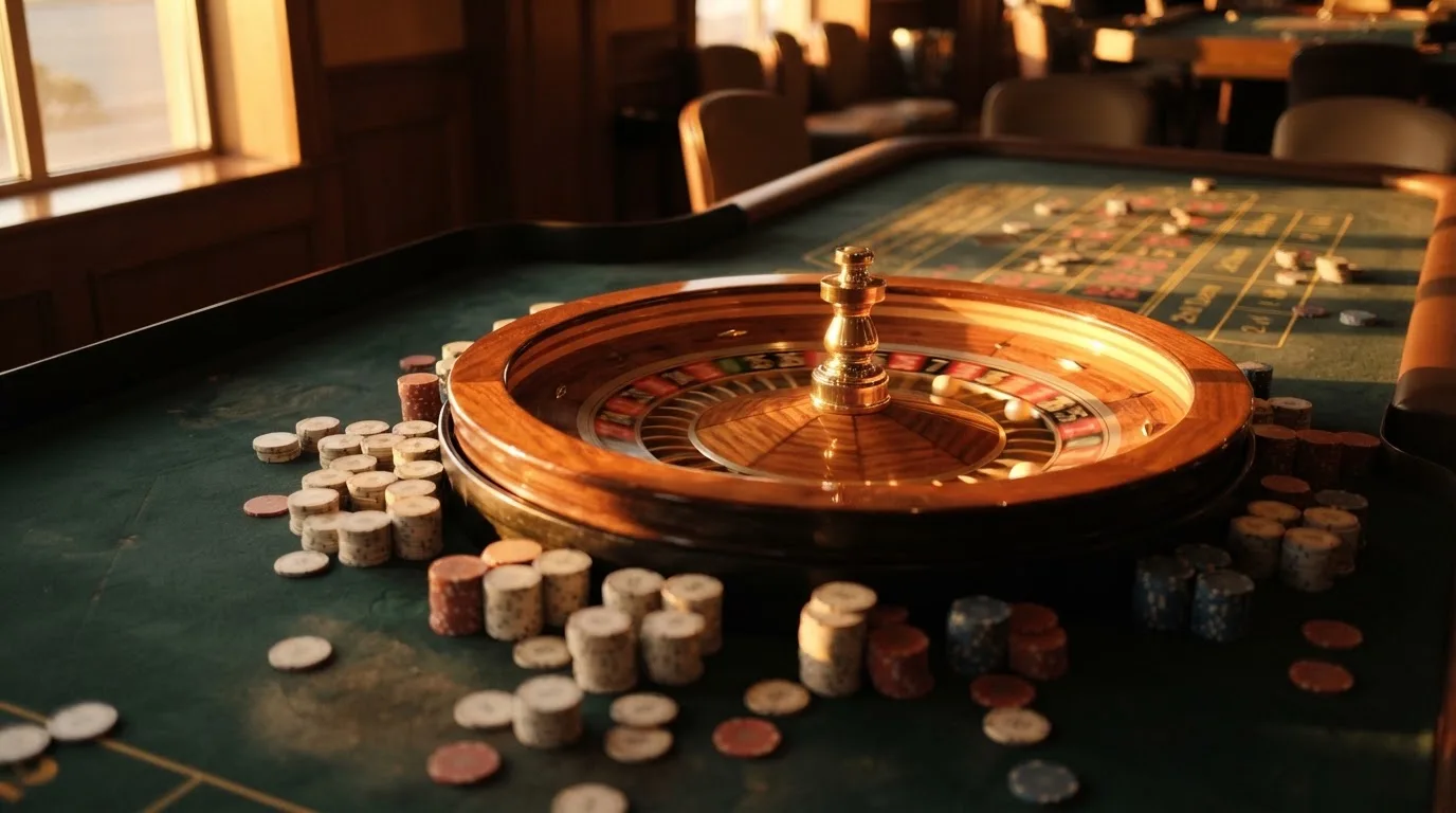 Roda de roleta e fichas sobre feltro verde, sob uma luz quente de fim de tarde — blackjack online casino em portugal