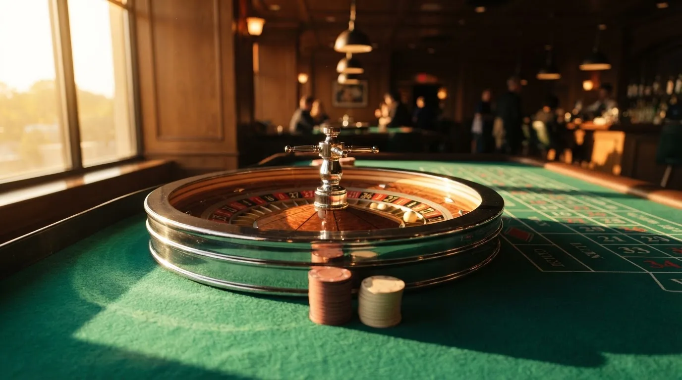 Roda de roleta e fichas sobre feltro verde, sob uma luz quente de fim de tarde — caça-níqueis em casinos portugueses