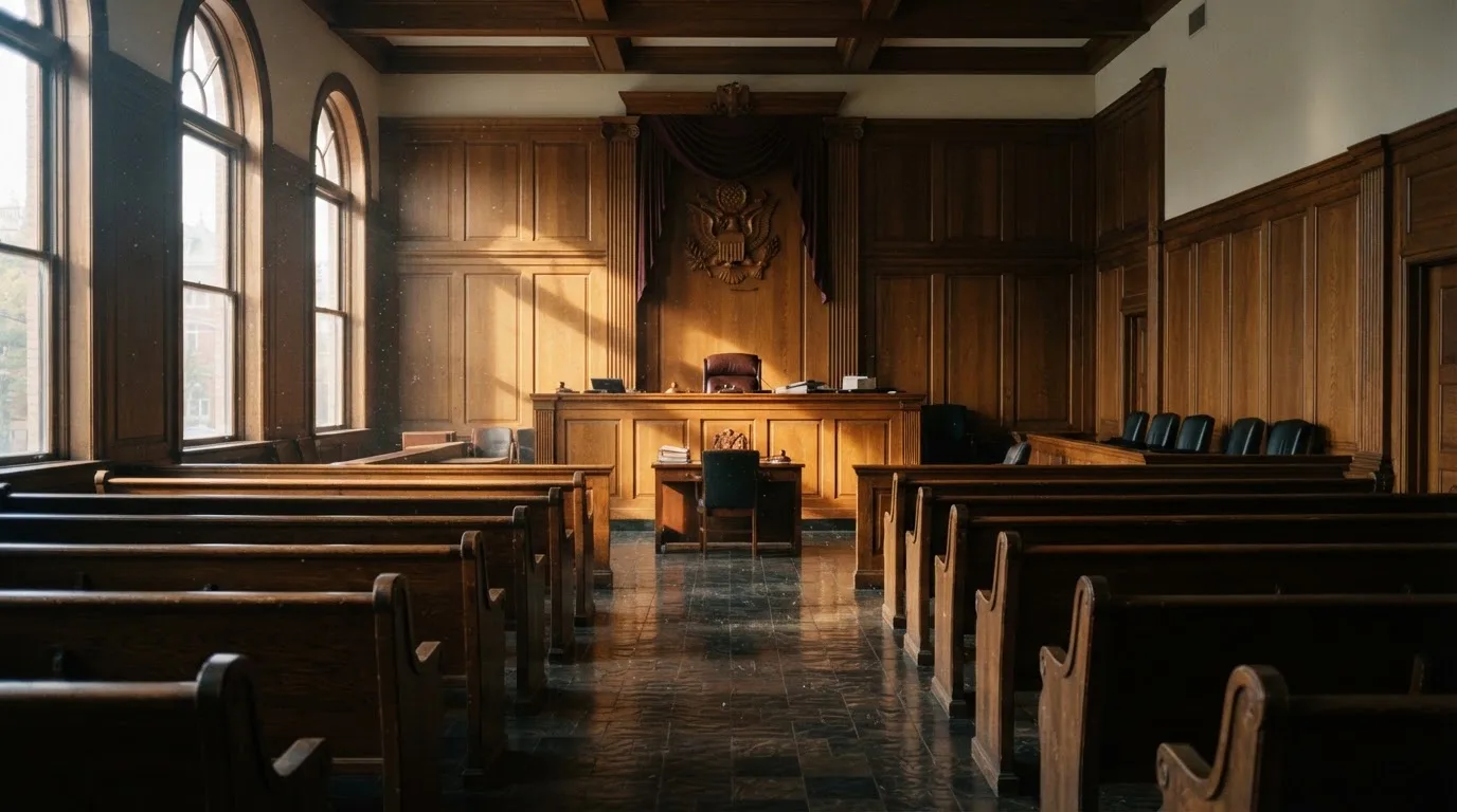 Sala de tribunal vazia com painéis de madeira, à luz da manhã — casino apostas em portugal