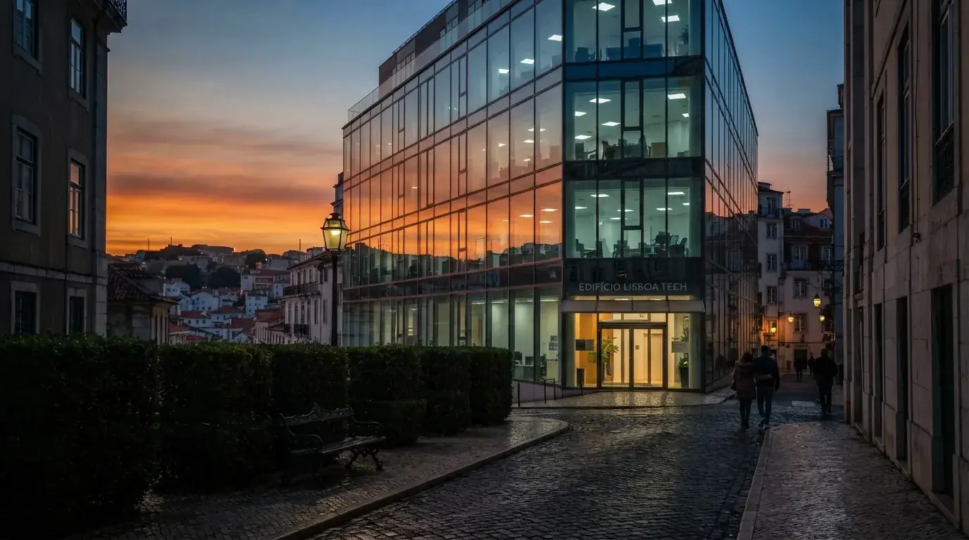 Edifício de escritórios com fachada de vidro ao entardecer, reflexo do céu cor-de-laranja e uma rua tranquila em primeiro plano.