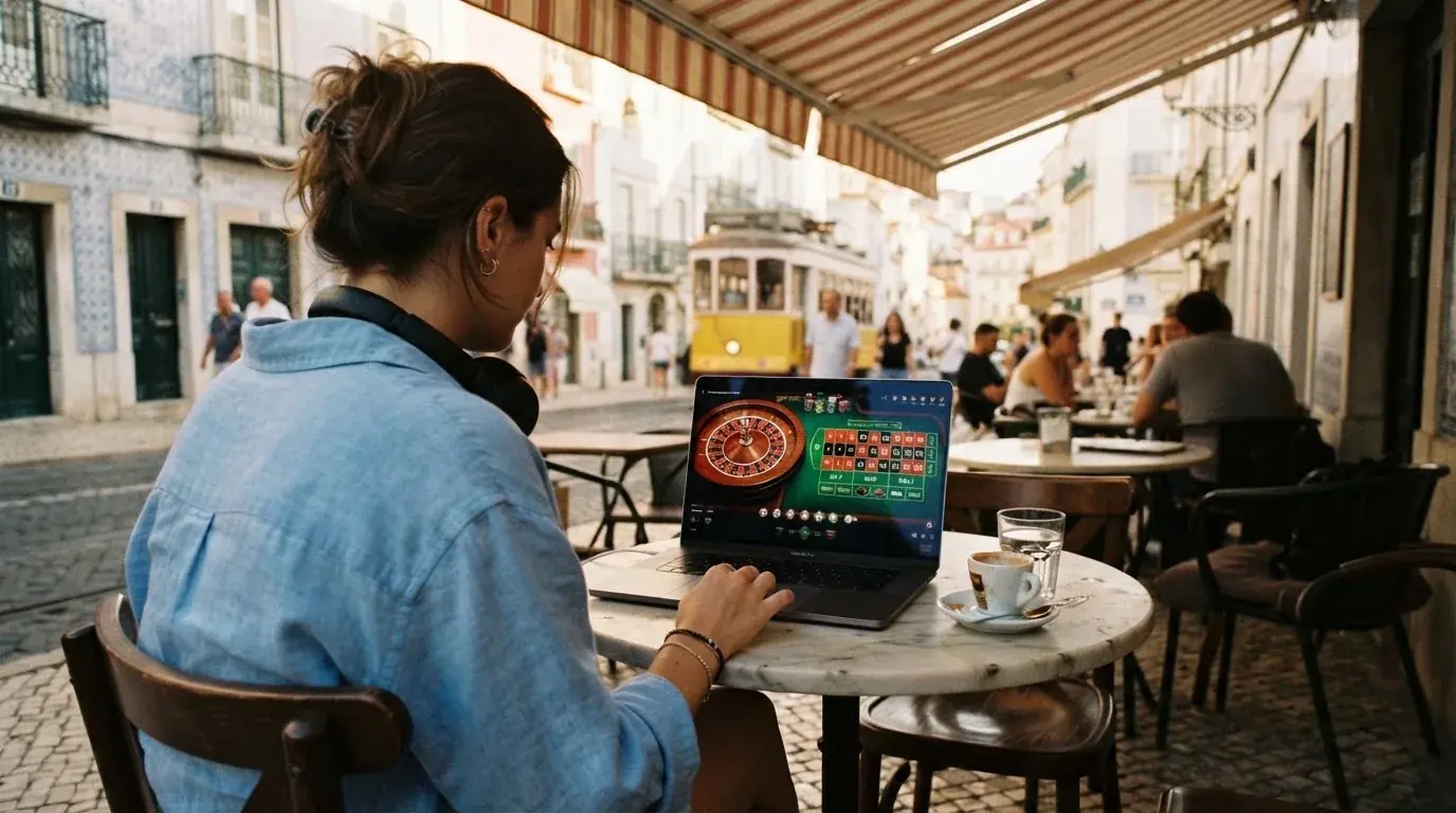 Jovem a trabalhar num café com portátil e auscultadores ao pescoço, esplanada de Lisboa ao fundo, luz suave.