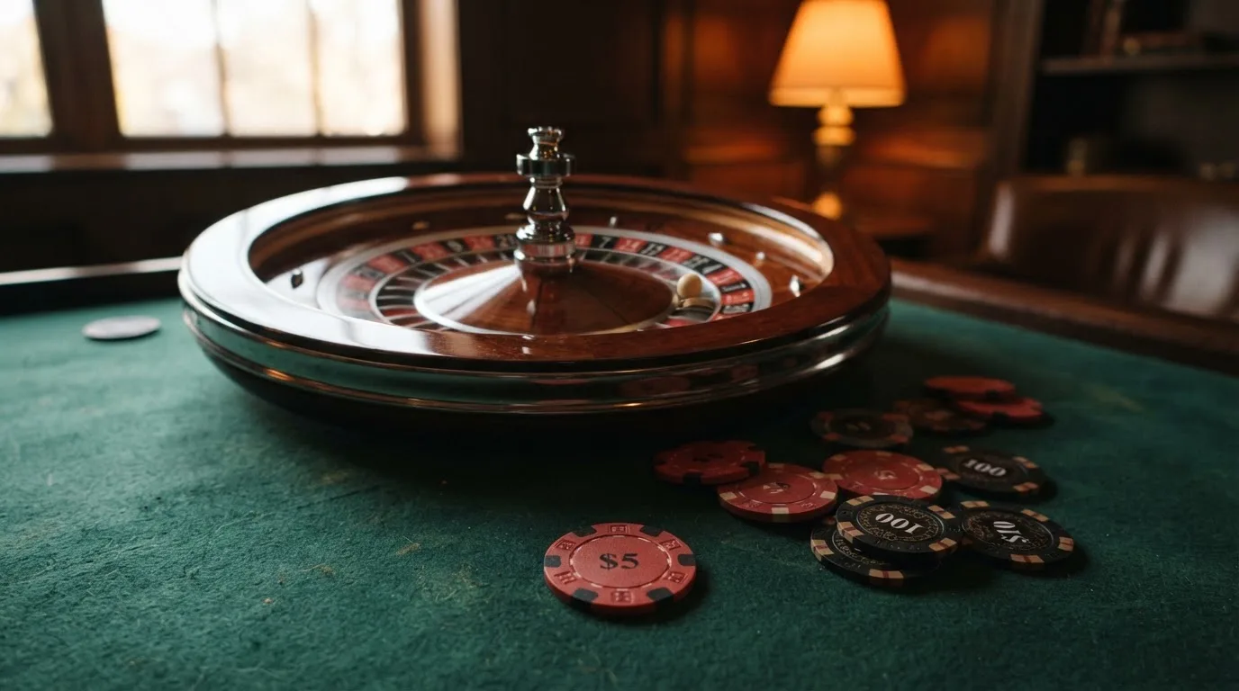 Roda de roleta e fichas sobre feltro verde, sob uma luz quente de fim de tarde — casino com bônus no cadastro pt