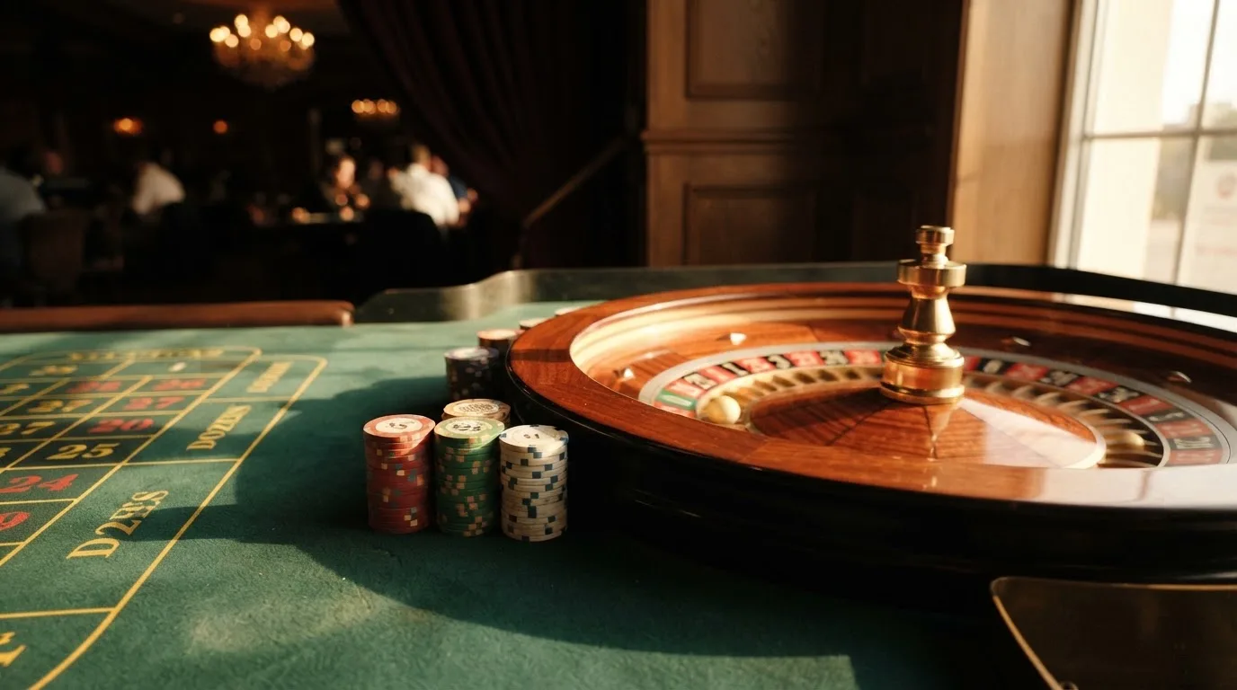 Roda de roleta e fichas sobre feltro verde, sob uma luz quente de fim de tarde — casino com dinheiro em portugal