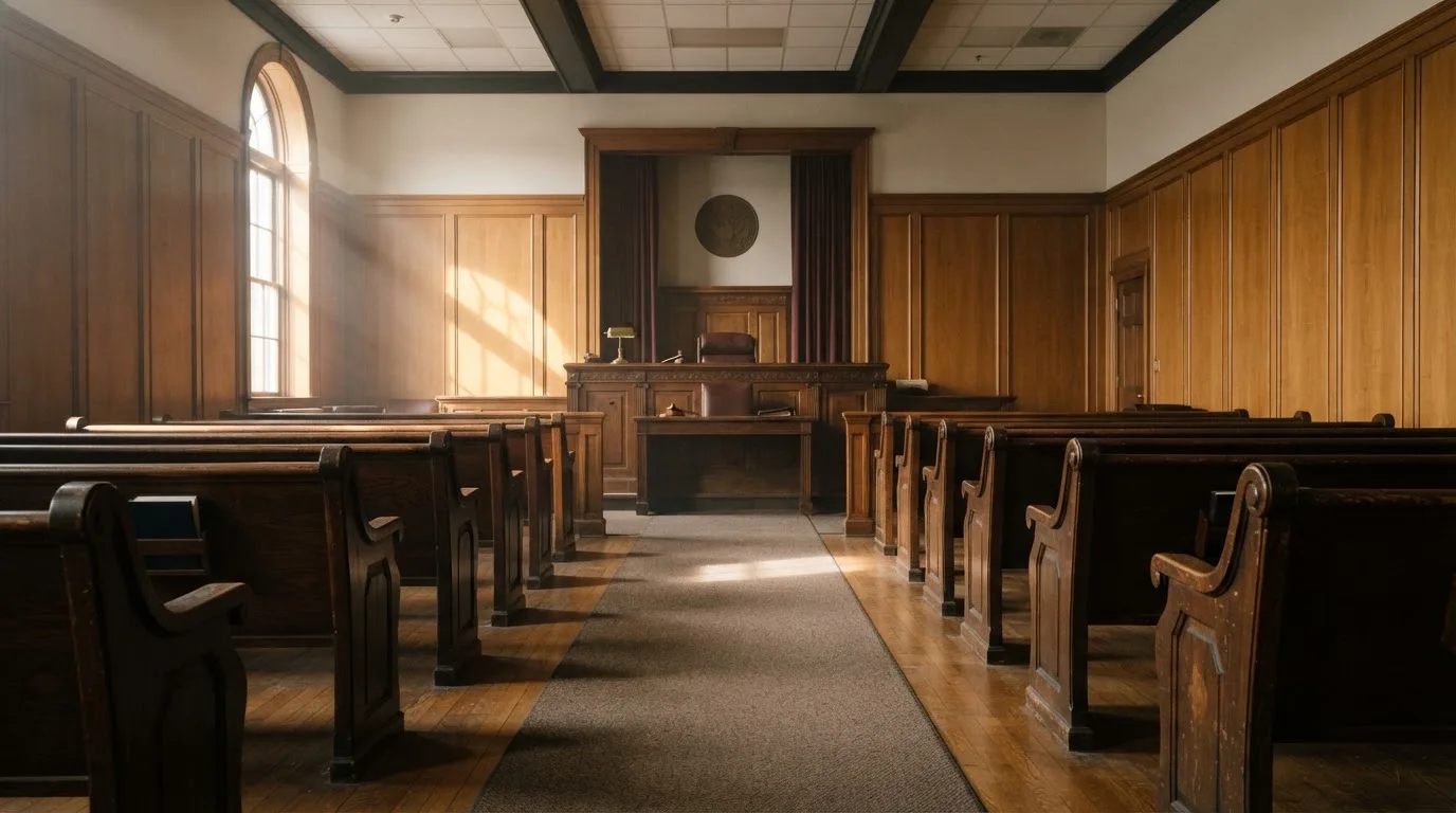 Sala de tribunal vazia com painéis de madeira, à luz da manhã — casino com ethereum em portugal
