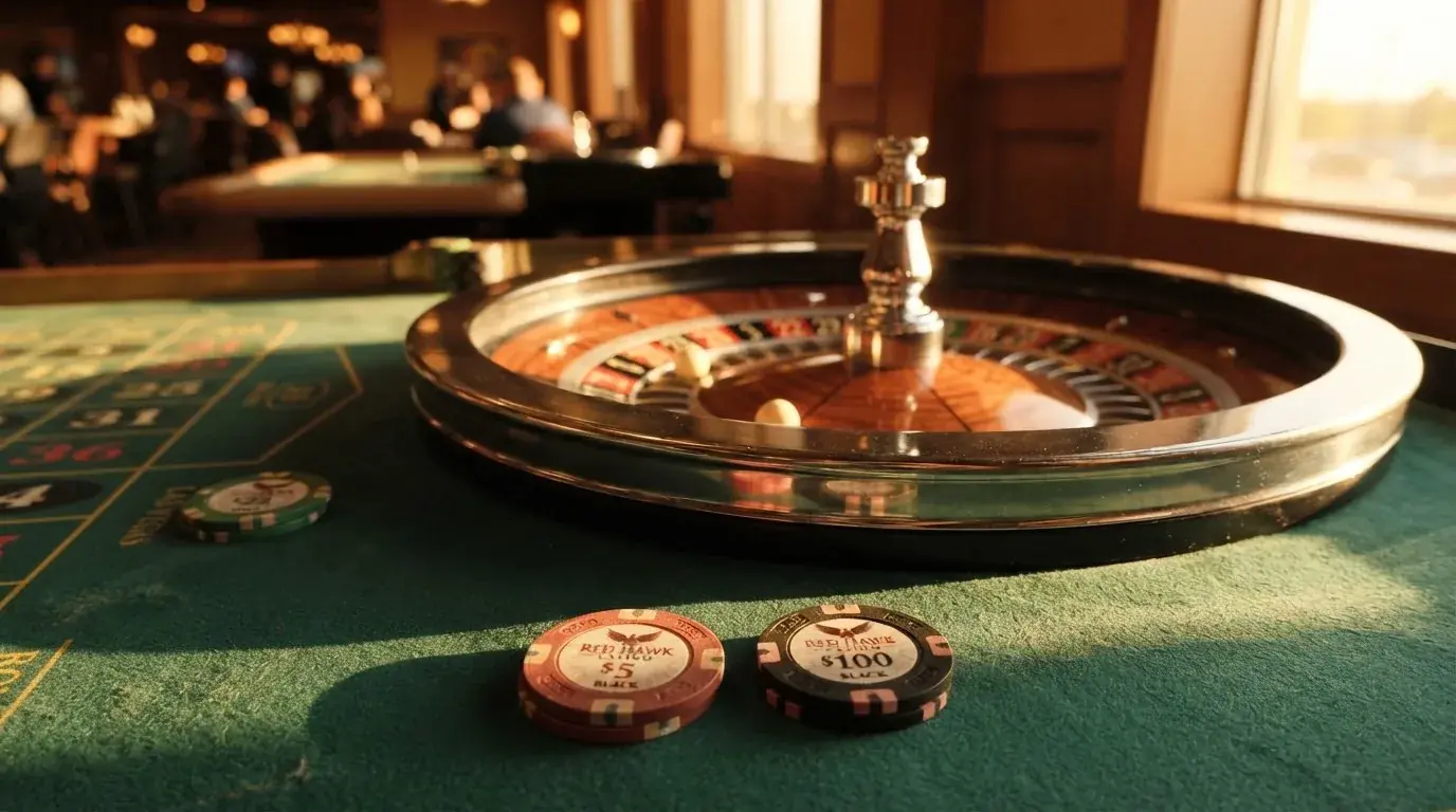 Roda de roleta e fichas sobre feltro verde, sob uma luz quente de fim de tarde — casino com ethereum em portugal