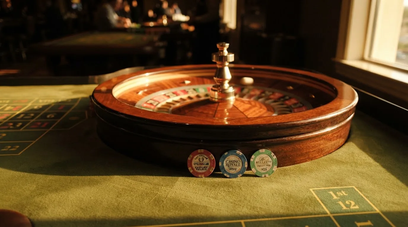 Roda de roleta e fichas sobre feltro verde, sob uma luz quente de fim de tarde — casino com free spins em portugal
