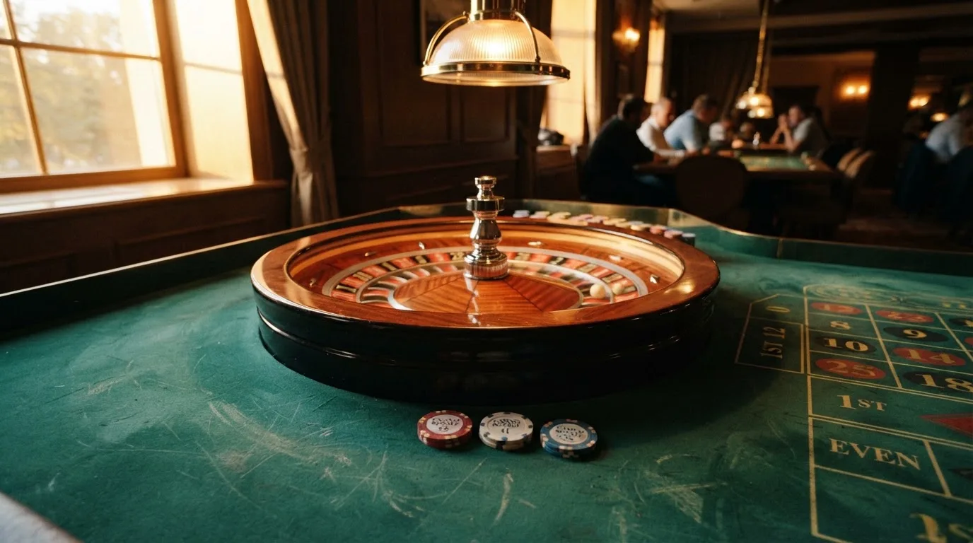 Roda de roleta e fichas sobre feltro verde, sob uma luz quente de fim de tarde — casino com grátis spins pt
