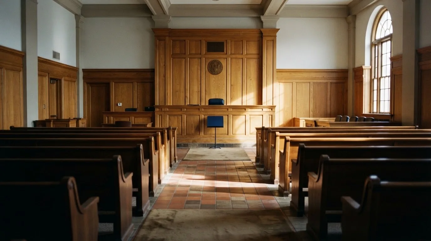 Sala de tribunal vazia com painéis de madeira, à luz da manhã — casino com litecoin em portugal