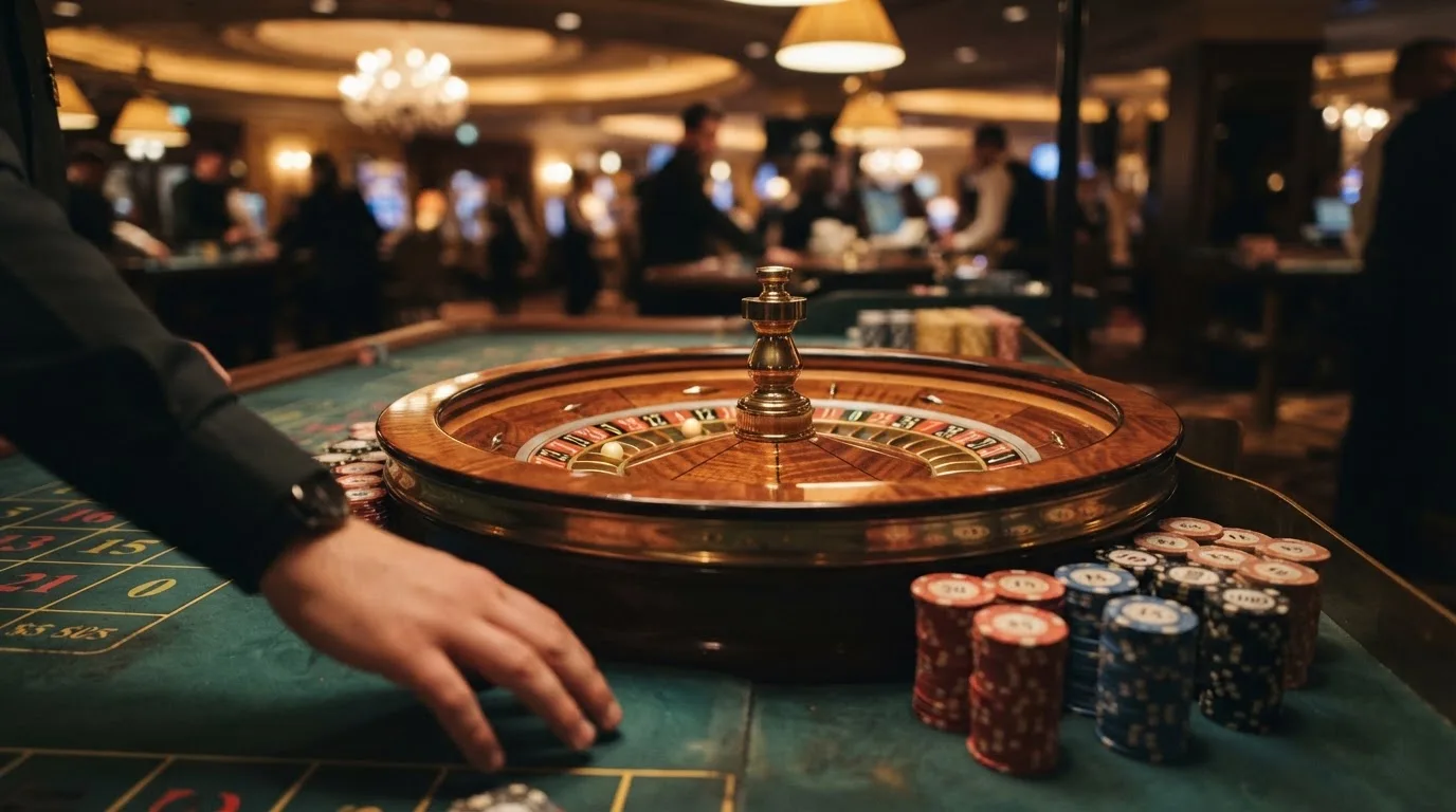 Roda de roleta e fichas sobre feltro verde, sob uma luz quente de fim de tarde — casino com litecoin em portugal