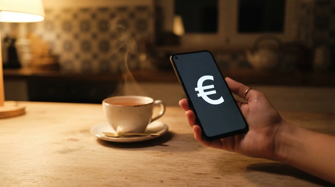 Mão a segurar um telemóvel ao lado de uma chávena de chá numa mesa de cozinha, numa noite tranquila — casino é confiável em portugal
