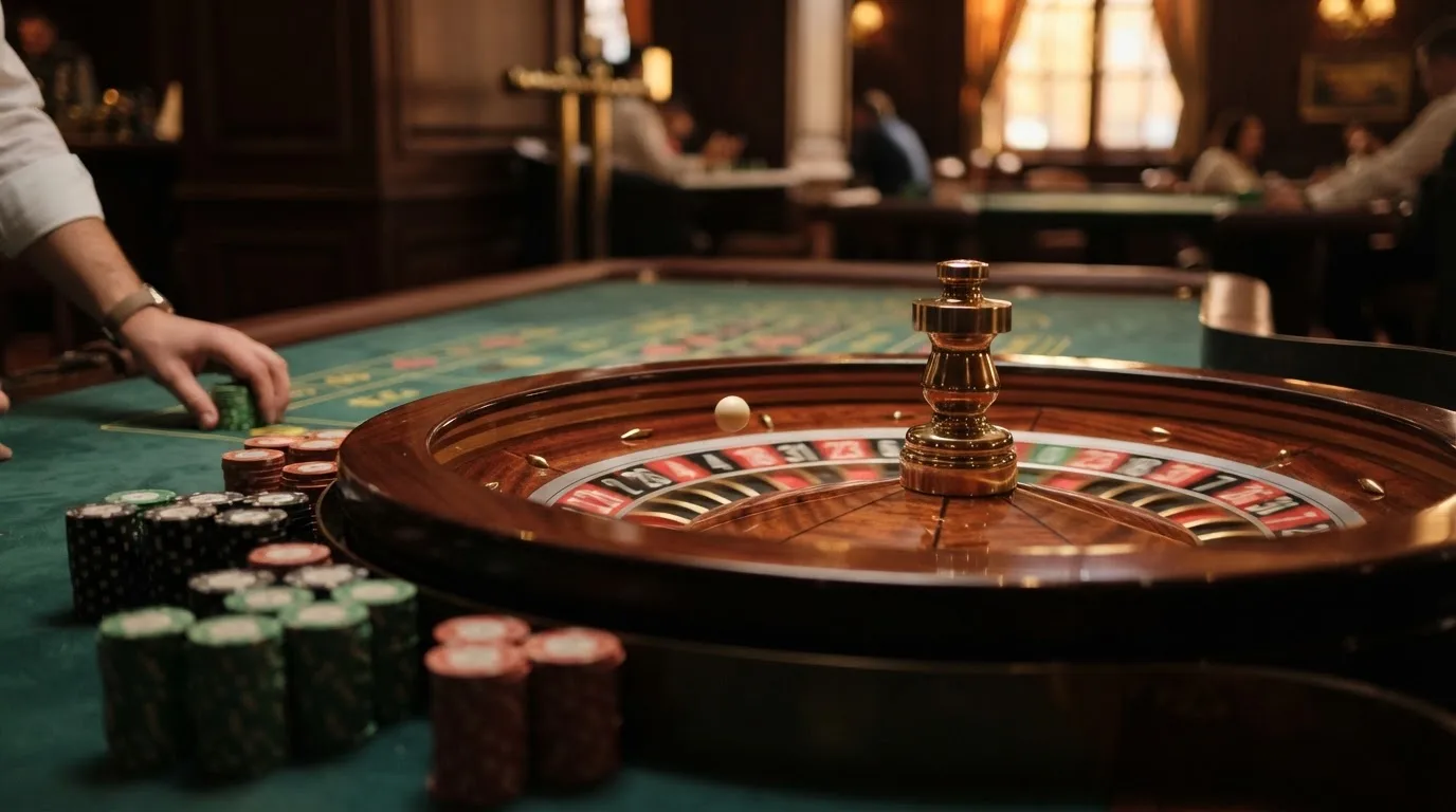 Roda de roleta e fichas sobre feltro verde, sob uma luz quente de fim de tarde — casino é confiável em portugal