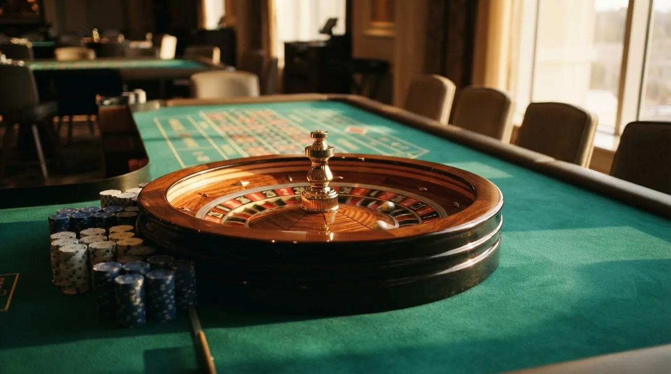 Roda de roleta e fichas sobre feltro verde, sob uma luz quente de fim de tarde — casino slots portugues
