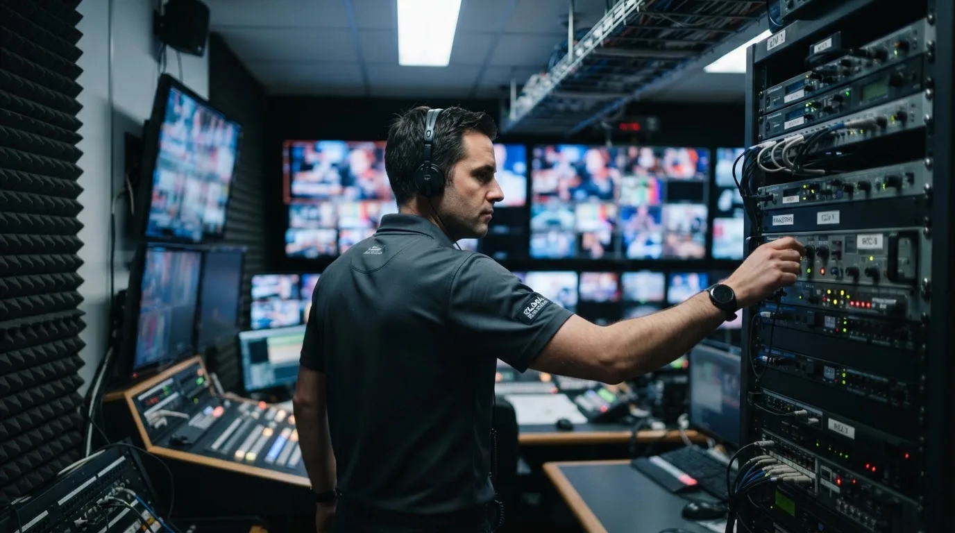 Técnico de uniforme escuro a verificar câmaras e equipamento numa sala de controlo de um estúdio de televisão, com vários monitores desfocados.