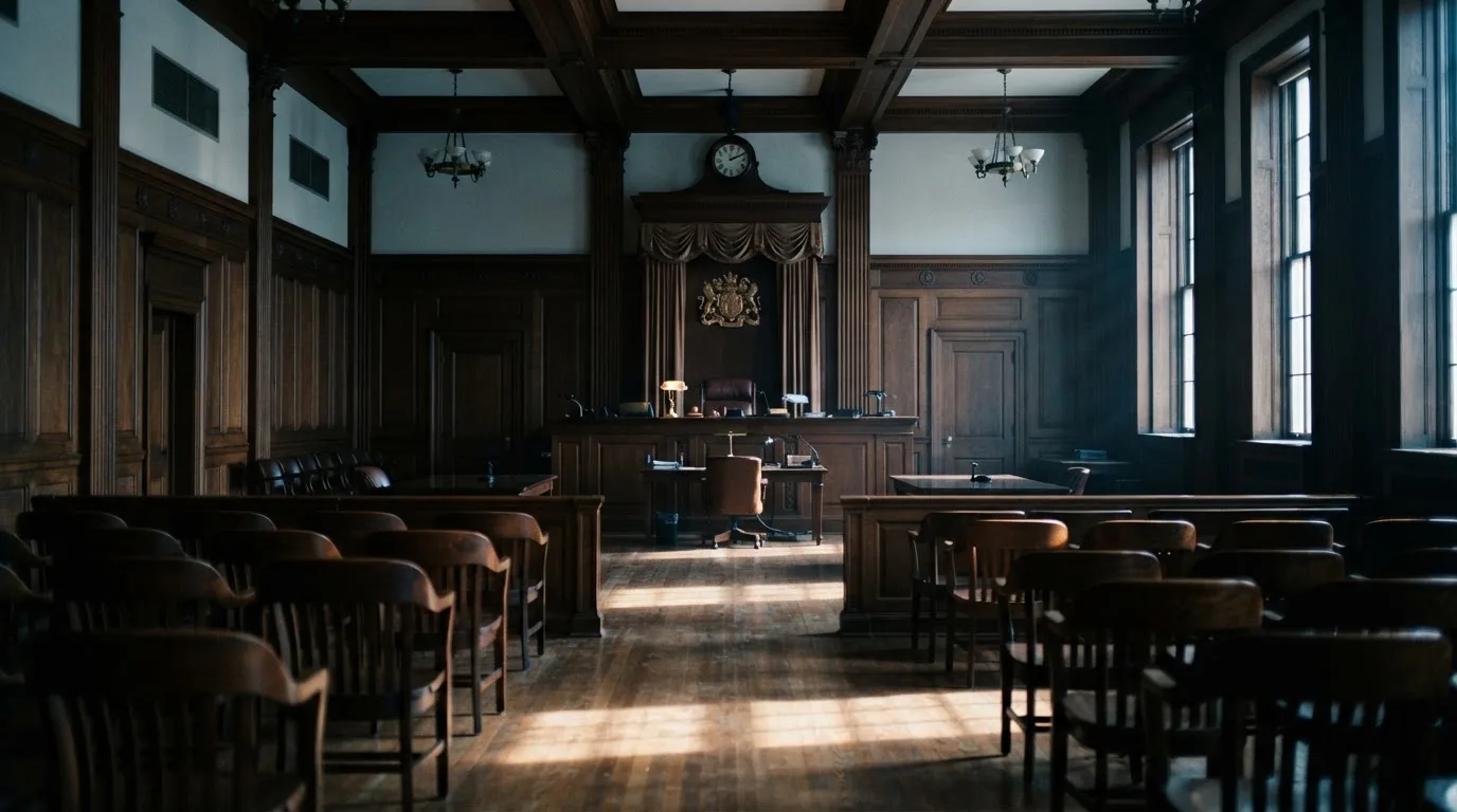Sala de tribunal vazia com painéis de madeira, à luz da manhã — casinos legais em portugal