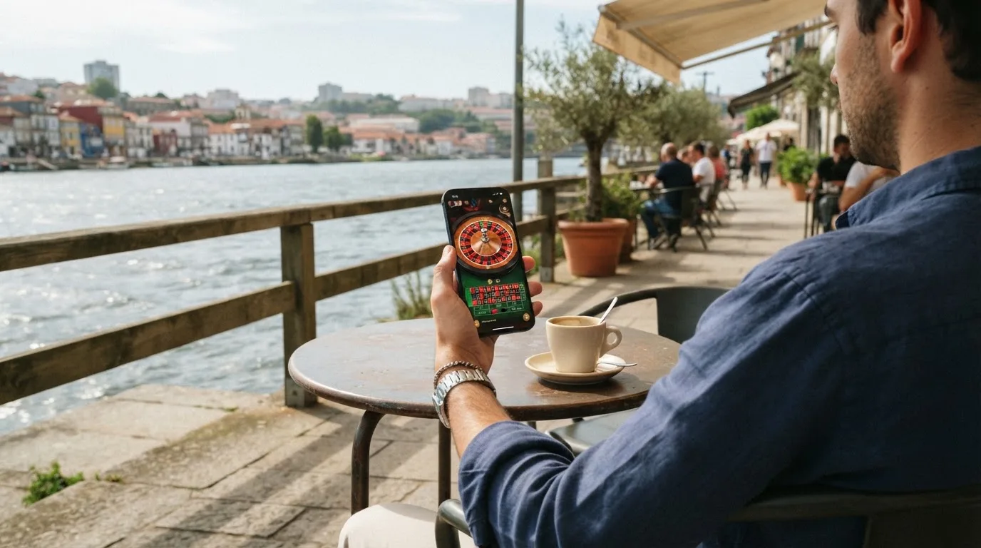 Pessoa a jogar no telemóvel numa esplanada, com um café pousado na mesa e o rio ao fundo, sob sol suave.