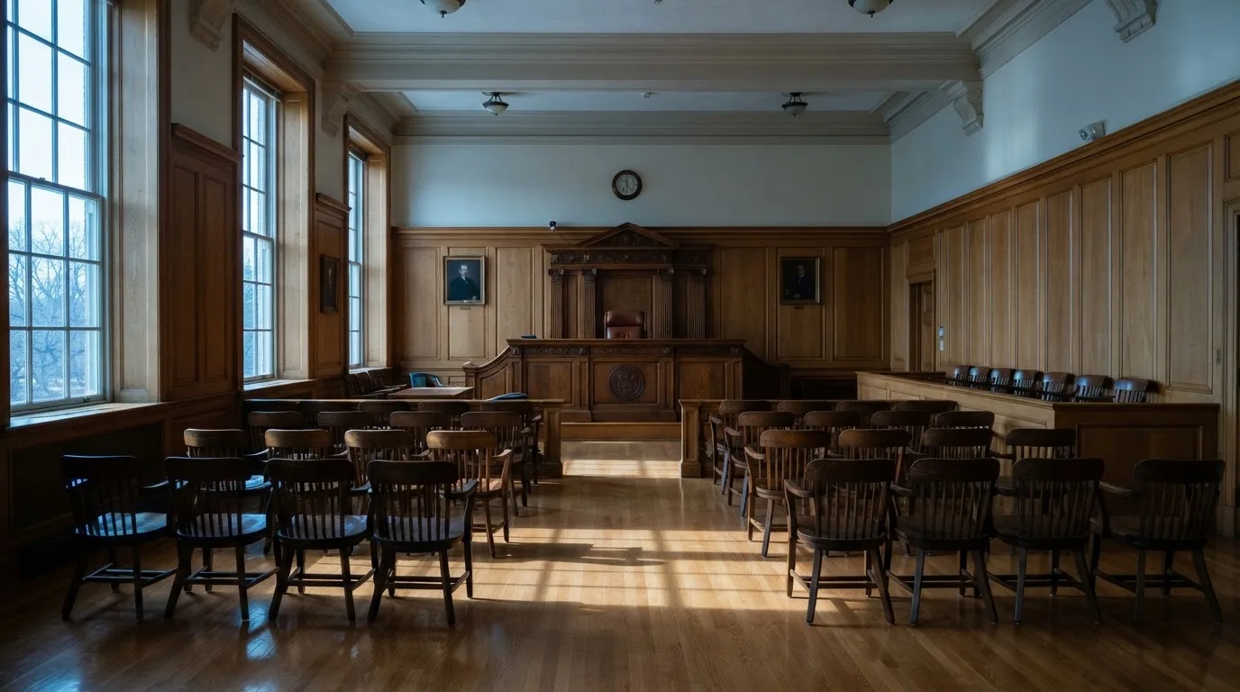 Sala de tribunal vazia com painéis de madeira, à luz da manhã — cassinos ao vivo em portugal