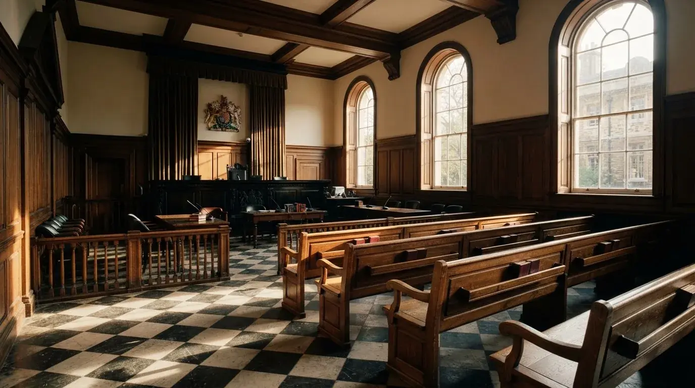 Sala de tribunal vazia com painéis de madeira, à luz da manhã — estratégia de roleta para portugueses