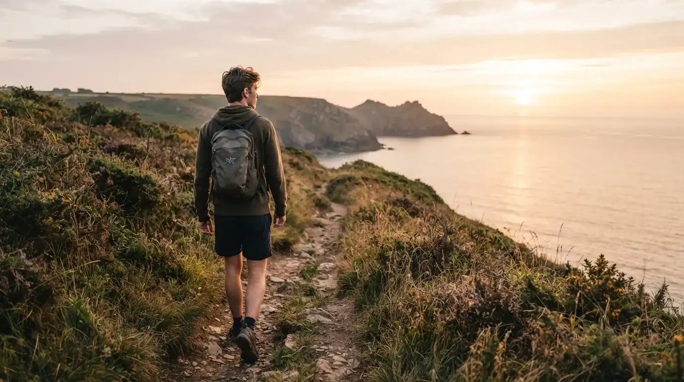 Homem numa caminhada por uma trilha à beira-mar ao nascer do sol, com mochila pequena e expressão tranquila.