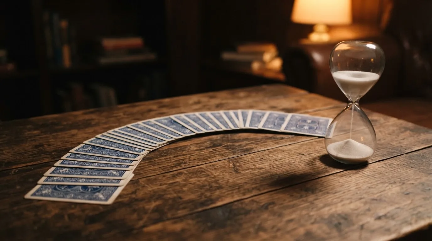 Mesa de madeira com cartas de baralho viradas para baixo em leque e uma ampulheta ao lado, luz quente de candeeiro.